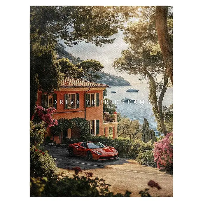 Dotcomcanvas Leinwandbild - Drive you dreams, B x H: 75 x 100 cm - Ein lebendiger Druck mit einem roten Sportwagen an einer mediterranen Villa mit Meerblick, 'DRIVE YOUR DREAMS' am Haus.