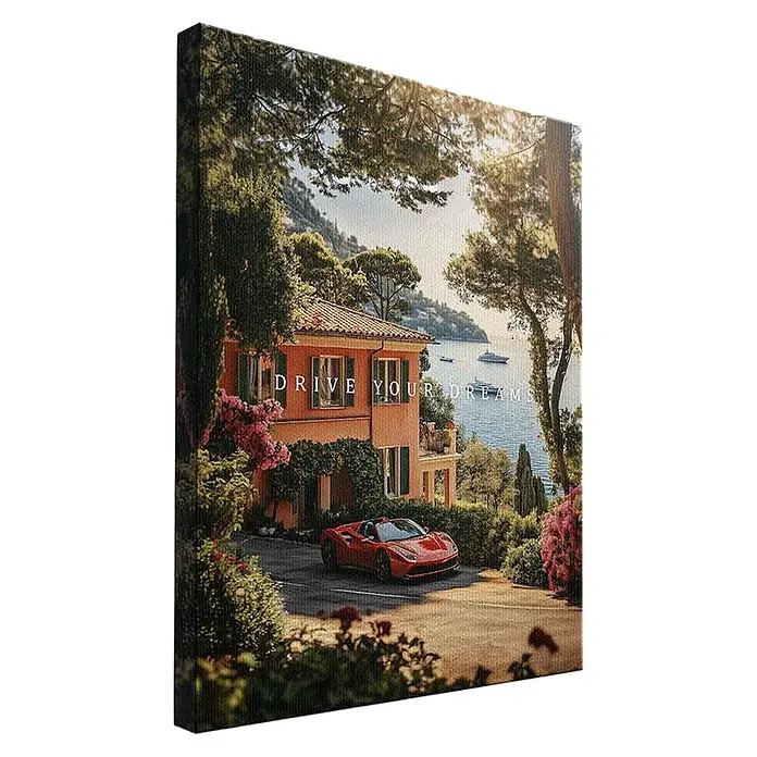 Dotcomcanvas Leinwandbild - Drive you dreams, B x H: 75 x 100 cm - Leinwanddruck mit lebendiger Küstenszene, Haus, rotem Sportwagen und dem Text „DRIVE YOUR DREAMS“.
