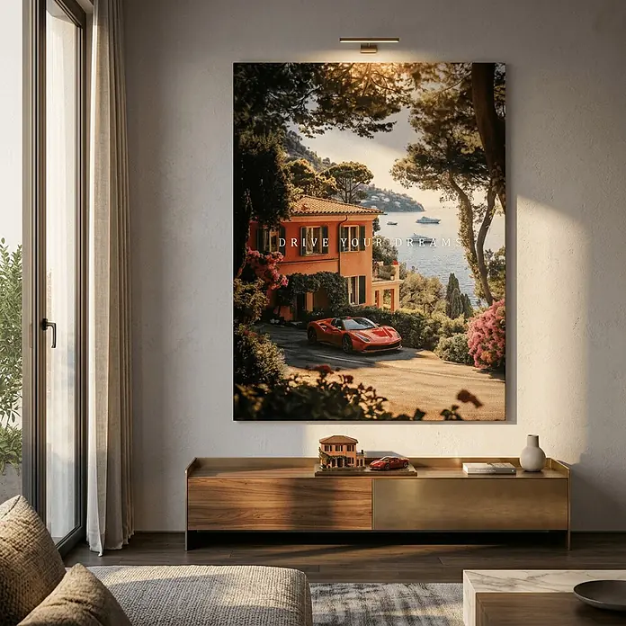 Dotcomcanvas Leinwandbild - Drive you dreams, B x H: 75 x 100 cm - Großer Wandkunstdruck mit rotem Sportwagen vor Küstenhaus, Text "DRIVE YOUR DREAMS", in modernem Wohnzimmer.
