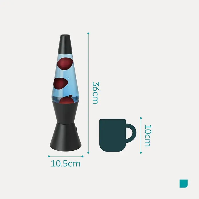 Eglo Lavalampe - 2,2 W, Ø x H: 105 x 360 mm, Blau/Rot, Farbe Gehäuse: Schwarz - Schwarze Lavalampe mit blauer Flüssigkeit und roten Wachsblasen. 36 cm hoch, daneben eine 10 cm Tasse zum Größenvergleich.
