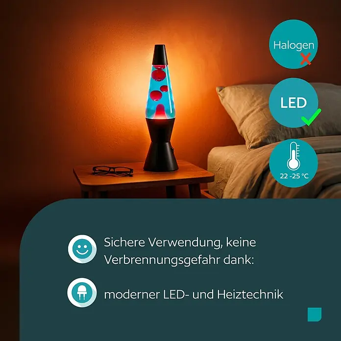 Eglo Lavalampe - 2,2 W, Ø x H: 105 x 360 mm, Blau/Rot, Farbe Gehäuse: Schwarz - Eine moderne schwarze Lavalampe mit rotem Wachs in blauer Flüssigkeit, die auf einem Nachttisch in einem schwach beleuchteten Raum leuchtet.