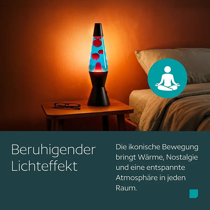 Eglo Lavalampe - 2,2 W, Ø x H: 105 x 360 mm, Farbe Gehäuse: Blau/ Rot - Lavalampe mit schwarzem Sockel, blauem Fluid und rotem Wachs auf einem Nachttisch, erzeugt beruhigendes Licht und entspannte Atmosphäre.