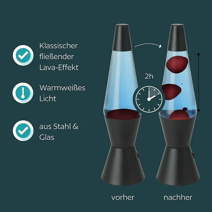 Eglo Lavalampe - 2,2 W, Ø x H: 105 x 360 mm, Farbe Gehäuse: Blau/ Rot - Schwarze Lavalampe aus Stahl & Glas mit blauer Flüssigkeit und rotem Wachs, zeigt nach 2h klassischen Fließeffekt und warmweißes Licht.