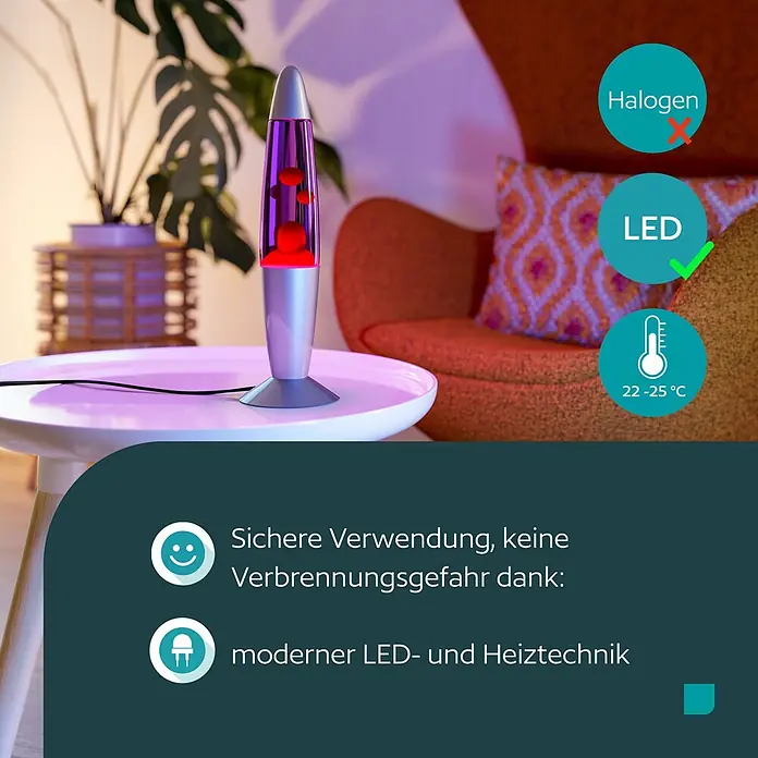 Eglo Tischleuchte - 2,2 W, Ø x H: 105 x 360 mm, Violett/Rot, Farbe Gehäuse: Silber - Ein lila-silberner Lavalicht mit roten Wachsblasen steht auf einem weißen Tisch im Wohnzimmer. Er verfügt über sichere LED-Heizung.
