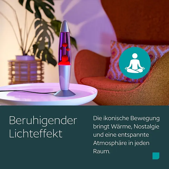 Eglo Tischleuchte - 2,2 W, Ø x H: 105 x 360 mm, Violett/Rot, Farbe Gehäuse: Silber - Lava-Lampe mit silbernem Sockel, violetter Flüssigkeit und roten Blasen auf weißem Tisch, erzeugt beruhigendes Licht in entspanntem Raum.