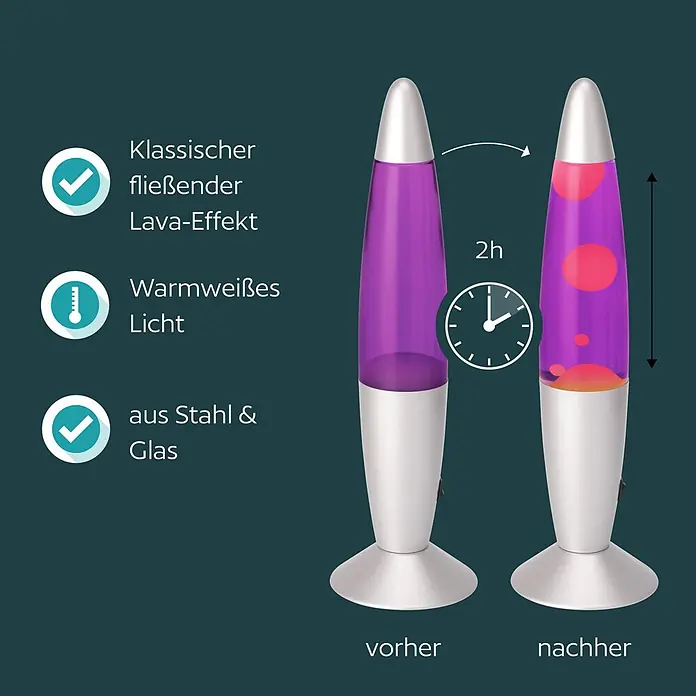 Eglo Tischleuchte - 2,2 W, Ø x H: 105 x 360 mm, Farbe Gehäuse: Violet/ Weiß - Lila Lavalampe mit silbernem Sockel und Kappe. Das Bild zeigt die Lampe vor und nach 2 Stunden mit fließendem rotem Lava-Effekt.