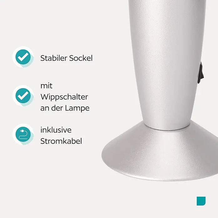 Eglo Tischleuchte - 2,2 W, Ø x H: 105 x 360 mm, Violett/Rot, Farbe Gehäuse: Silber - Nahaufnahme eines silberfarbenen Lampensockels mit strukturierter Oberfläche und schwarzem Wippschalter an der Seite.