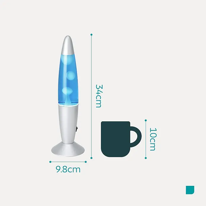 Eglo Tischleuchte - 2,2 W, Ø x H: 105 x 360 mm, Farbe Gehäuse: Blau/ Weiß - Silberfarbene Lavalampe, 34cm hoch, mit blauer Flüssigkeit und Wachs, daneben eine 10cm Tasse als Größenvergleich.