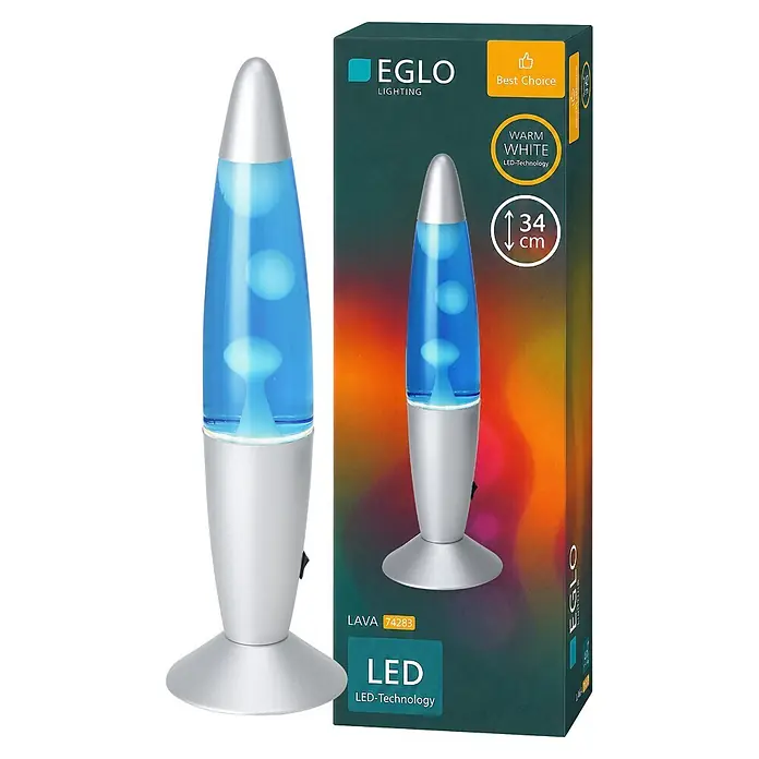 Eglo Tischleuchte - 2,2 W, Ø x H: 105 x 360 mm, Farbe Gehäuse: Blau/ Weiß - Silberne Lavalampe mit blauer Flüssigkeit und weißem Wachs, 34 cm hoch. Mit LED-Technologie für warmweißes Licht.