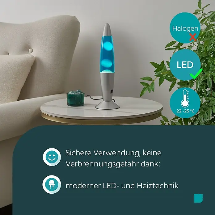 Eglo Tischleuchte - 2,2 W, Ø x H: 105 x 360 mm, Farbe Gehäuse: Blau/ Weiß - Silberne Lavalampe mit blauer Flüssigkeit auf einem Tisch, betont sichere LED-Heizung (22-25°C) ohne Verbrennungsgefahr.