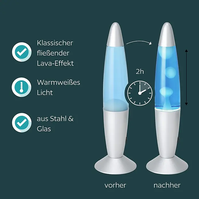 Eglo Tischleuchte - 2,2 W, Ø x H: 105 x 360 mm, Farbe Gehäuse: Blau/ Weiß - Silberne Lavalampe aus Stahl und Glas mit blauem Lava-Effekt, vor und nach 2h Aufwärmzeit.
