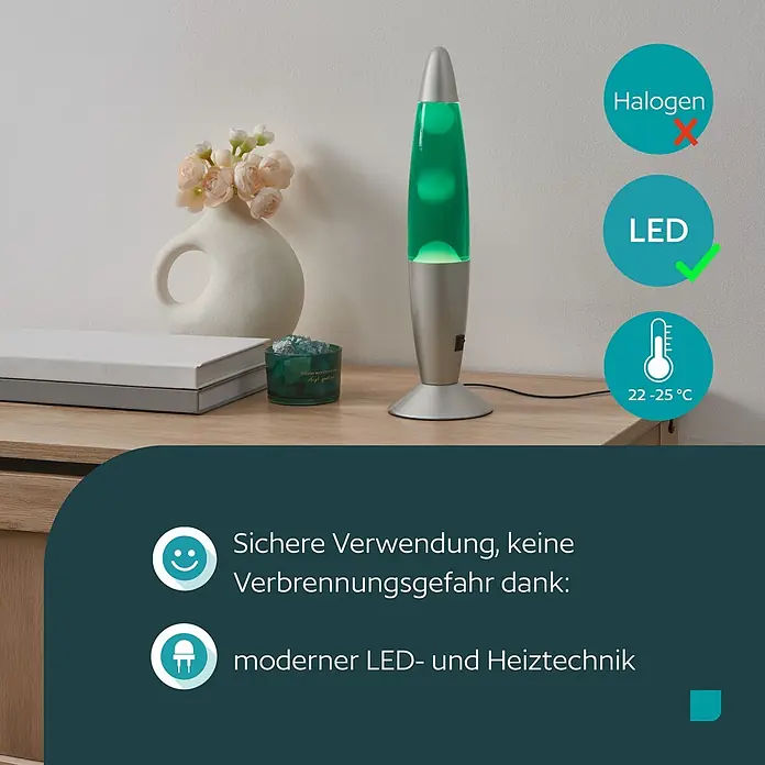 Eglo Tischleuchte - 2,2 W, Ø x H: 105 x 360 mm, Farbe Gehäuse: Grün/ Weiß - Silberne Lavalampe mit grüner Flüssigkeit, beleuchtet durch LED-Technik für sicheren, kühlen Betrieb ohne Verbrennungsgefahr.