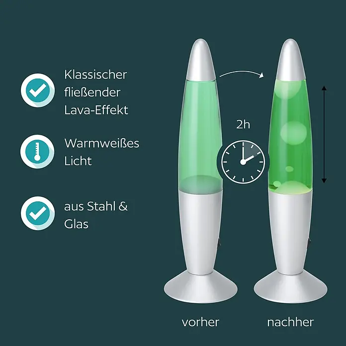Eglo Tischleuchte - 2,2 W, Ø x H: 105 x 360 mm, Grün/Weiß, Farbe Gehäuse: Silber - Silberne Lavalampe mit grünem Wachs, zeigt klassischen Fließeffekt vor und nach 2 Stunden. Aus Stahl & Glas.