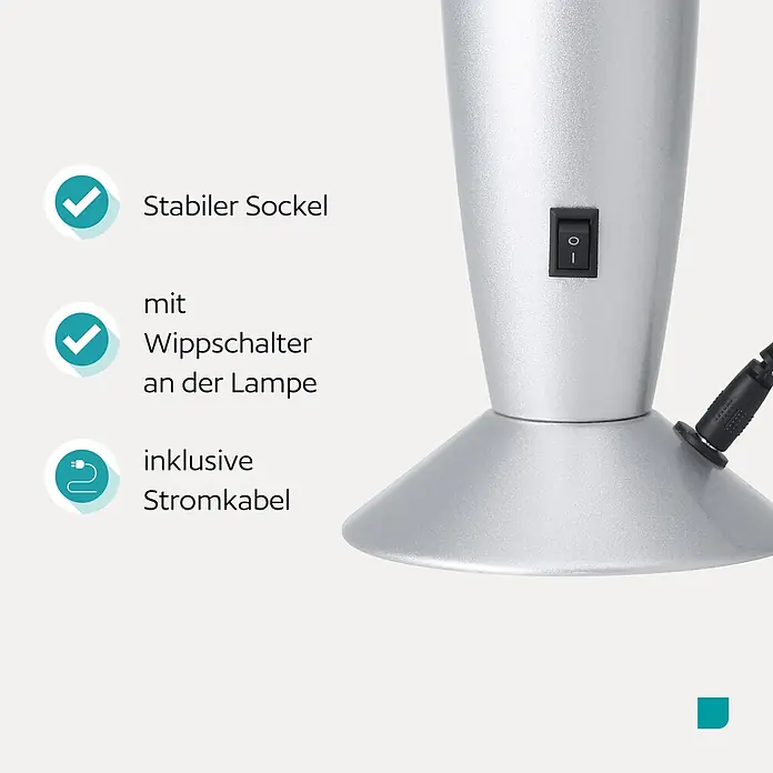 Eglo Tischleuchte - 2,2 W, Ø x H: 105 x 360 mm, Grün/Weiß, Farbe Gehäuse: Silber - Silberner Lampenfuß mit stabilem Sockel, integriertem Wippschalter und Stromkabelanschluss.