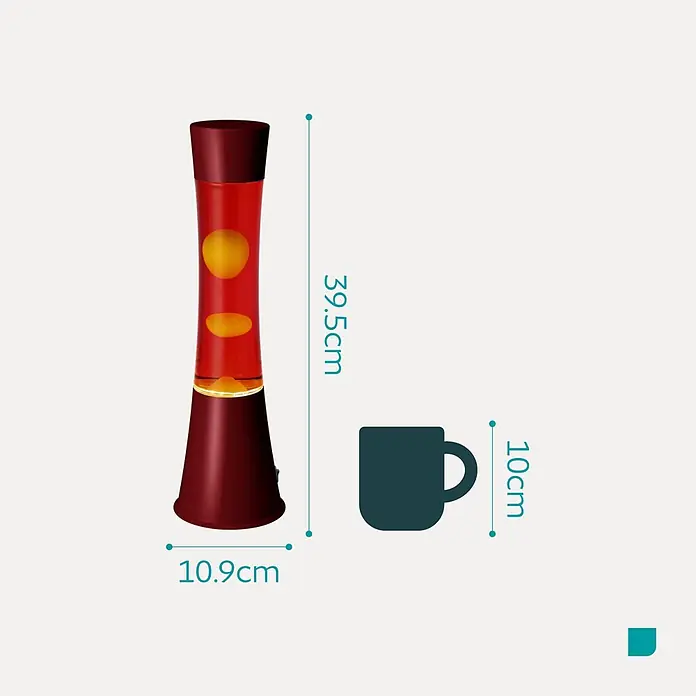 Eglo Lavalampe - 2,2 W, Ø x H: 10,9 x 39,5 cm, Rot/Orange, Farbe Gehäuse: Bordeaux - Rote Lavalampe mit gelbem Wachs und einer dunkelblauen Tasse als Maßstab.