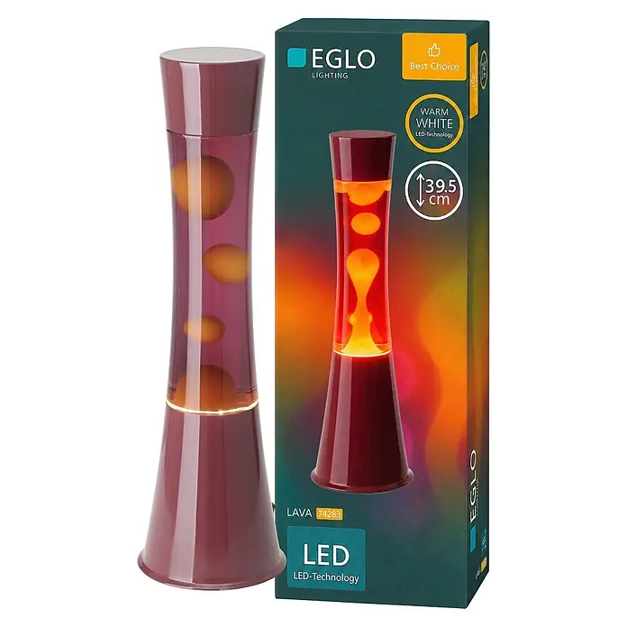 Eglo Lavalampe - 2,2 W, Ø x H: 10,9 x 39,5 cm, Farbe Gehäuse: Bordeaux/Orange - Dunkelrote LED-Lavalampe mit gelber 'Lava' und warmweißem Licht, mit Verpackung, die 39,5 cm Höhe hervorhebt.