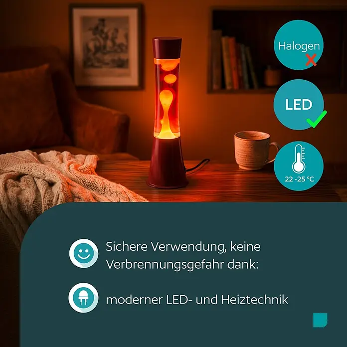 Eglo Lavalampe - 2,2 W, Ø x H: 10,9 x 39,5 cm, Rot/Orange, Farbe Gehäuse: Bordeaux - Rote Lava-Lampe mit LED-Technik auf Holztisch in gemütlichem Raum. Sicher bei 22-25°C, keine Verbrennungsgefahr.