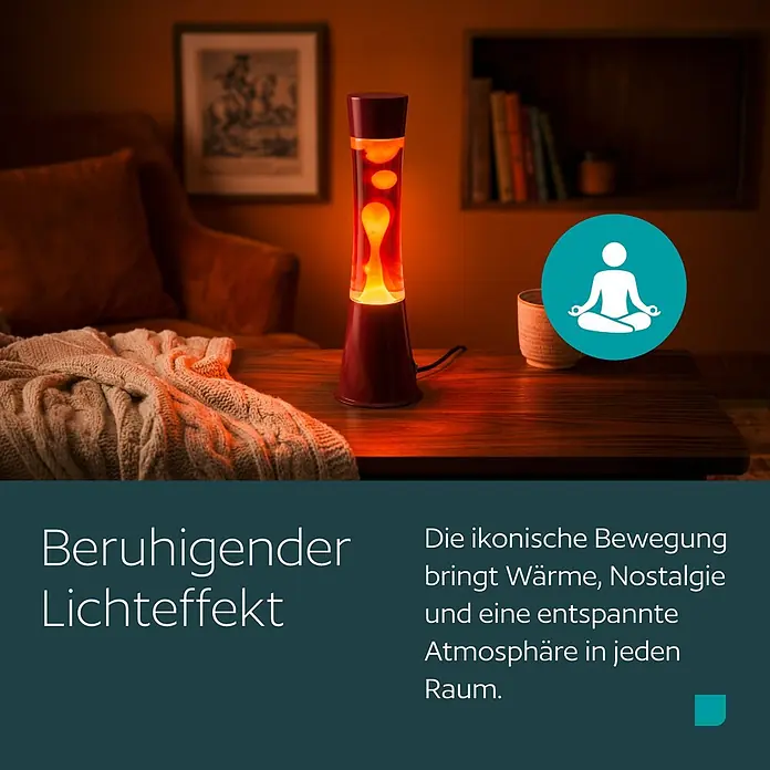 Eglo Lavalampe - 2,2 W, Ø x H: 10,9 x 39,5 cm, Farbe Gehäuse: Bordeaux/Orange - Eine burgunderfarbene Lavalampe mit glühendem orangefarbenem Wachs, die warmes, beruhigendes Licht auf einen Holztisch wirft.