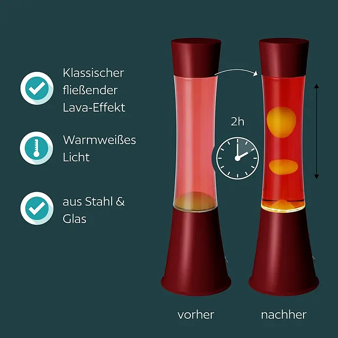 Eglo Lavalampe - 2,2 W, Ø x H: 10,9 x 39,5 cm, Rot/Orange, Farbe Gehäuse: Bordeaux - Klassische Lavalampe mit fließendem Lava-Effekt. Aus Stahl und Glas, mit warmweißem Licht.