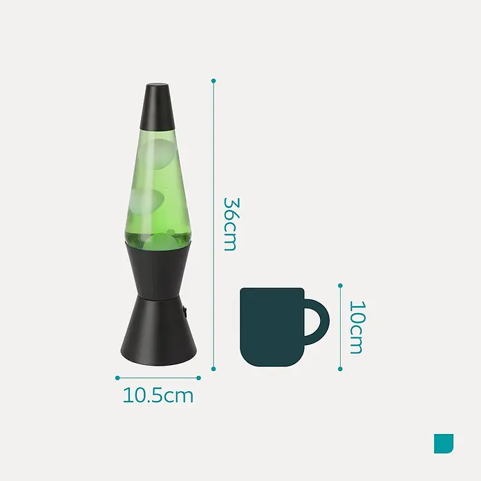 Eglo Lavalampe - 2,2 W, Ø x H: 105 x 360 mm, Farbe Gehäuse: Grün/ Weiß - Grüne Lavalampe mit schwarzem Sockel, mit Tasse als Größenvergleich. Höhe: 36cm.