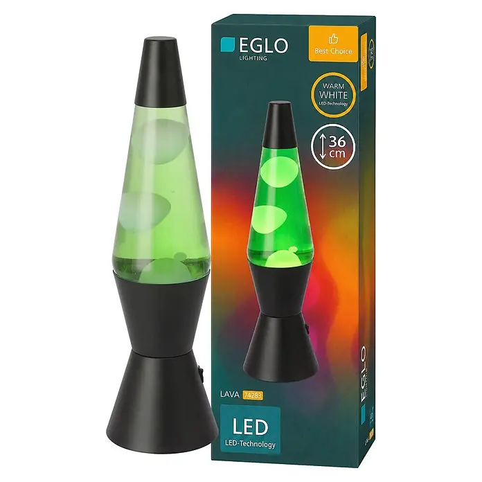 Eglo Lavalampe - 2,2 W, Ø x H: 105 x 360 mm, Farbe Gehäuse: Grün/ Weiß - Eine schwarze Lavalampe mit grüner Flüssigkeit und hellgrünem Wachs, daneben die Produktverpackung. Die Box weist auf LED-Technologie und 36 cm Höhe hin.