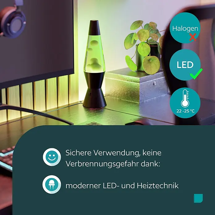 Eglo Lavalampe - 2,2 W, Ø x H: 105 x 360 mm, Farbe Gehäuse: Grün/ Weiß - Grüne Lavalampe auf einem Schreibtisch, beleuchtet und sicher durch moderne LED-Heiztechnik, keine Verbrennungsgefahr bei 22-25°C.