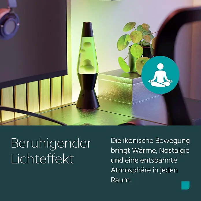 Eglo Lavalampe - 2,2 W, Ø x H: 105 x 360 mm, Farbe Gehäuse: Grün/ Weiß - Grüne Lavalampe auf einem Schreibtisch, die einen beruhigenden und nostalgischen Lichteffekt erzeugt.