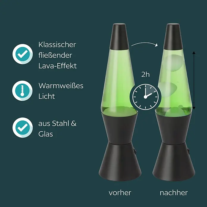 Eglo Lavalampe - 2,2 W, Ø x H: 105 x 360 mm, Farbe Gehäuse: Grün/ Weiß - Grüne Lavalampe aus Stahl und Glas, vor und nach 2 Stunden Betrieb, die den klassischen fließenden Lava-Effekt zeigt.
