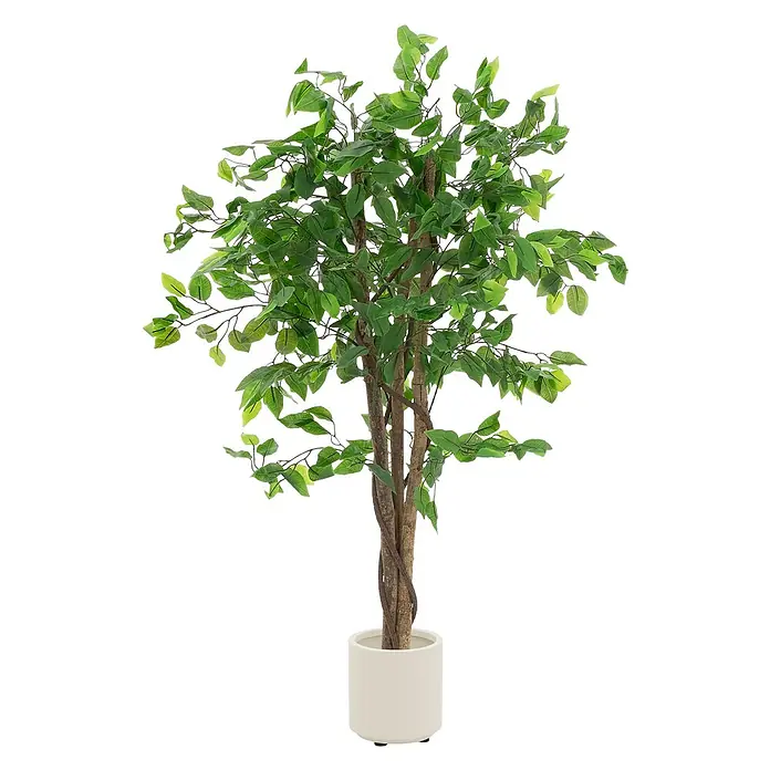 ML-Design Kunstpflanze Ficus Kunstbaum für Innen & Außen mit Naturholzstamm im Topf - Blütenfarbe: Grün, Holz - Lebensechter künstlicher Ficusbaum mit leuchtend grünen Blättern und braunem Stamm in einem modernen weißen Topf für die Innendekoration.