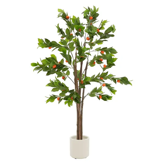 ML-Design Kunstpflanze Orangenbaum Pflegeleichte Kunstbaum 160 cm für Innen & Außen im Topf - Blütenfarbe: Orange, Kunststoff - Künstlicher Kumquatbaum mit grünen Blättern, orangen Früchten und braunen Stämmen in einem weißen zylindrischen Topf.
