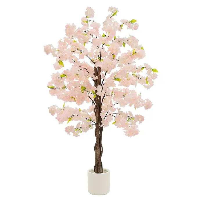 ML-Design Kunstpflanze Künstliche Pflanze für Wohnräume & Garten dekorative Zimmerpflanze - Blütenfarbe: Rosa, Textil - Künstlicher Kirschblütenbaum mit hellrosa Blüten, grünen Blättern und braunem Stamm in weißem zylindrischem Topf.