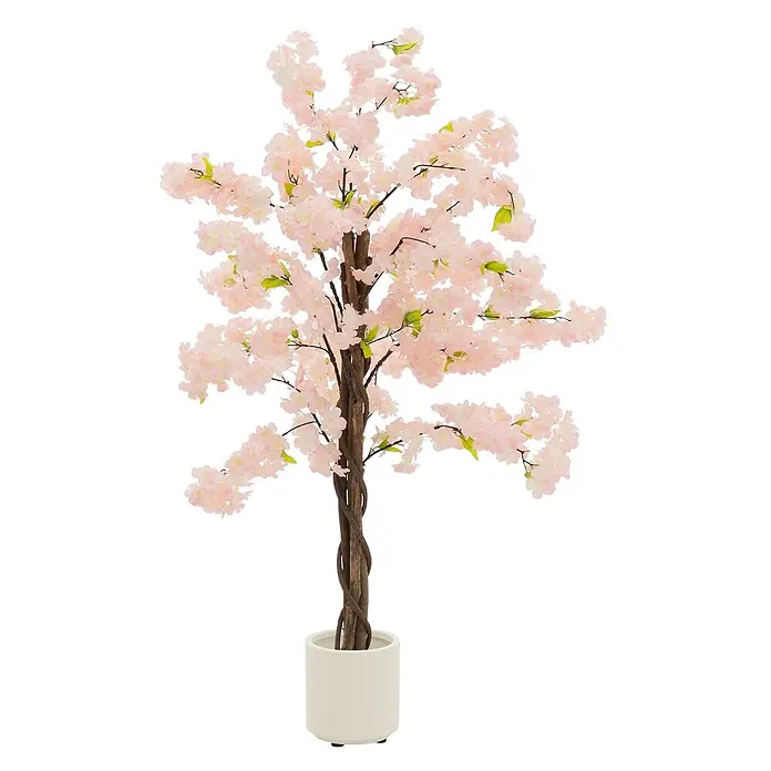 ML-Design Kunstpflanze Künstliche Pflanze für Wohnräume & Garten dekorative Zimmerpflanze - Blütenfarbe: Rosa, Textil - Künstlicher Kirschblütenbaum mit rosa Blüten, gedrehtem braunen Stamm und weißem Keramiktopf.