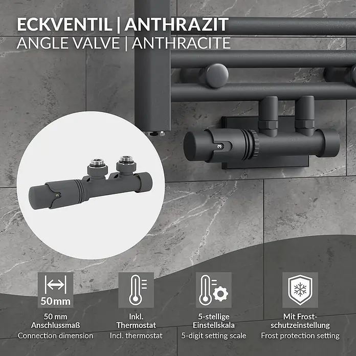 LuxeBath Thermostatventil Ventilhahnblock Anthrazit Eckform + Thermostatkopf - Eckventil - Anthrazit-Eckventil mit Thermostat, 50mm Anschluss und Frostschutz, am Heizkörper montiert.