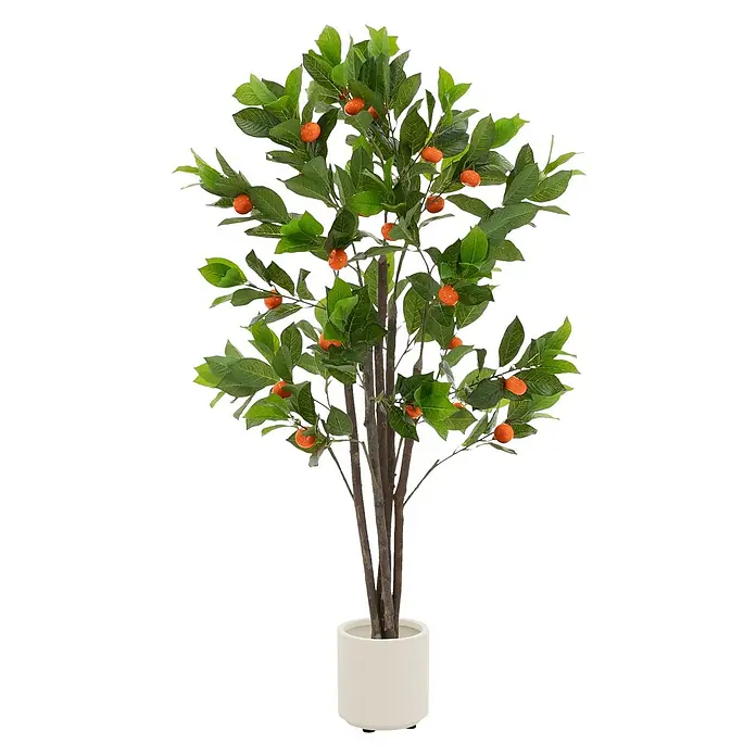 ML-Design Kunstpflanze Orangenbaum Pflegeleichte Kunstbaum 130 cm für Innen & Außen im Topf - Blütenfarbe: Orange, Kunststoff - Künstlicher Orangenbaum mit grünen Blättern und orangen Früchten in einem weißen Topf.