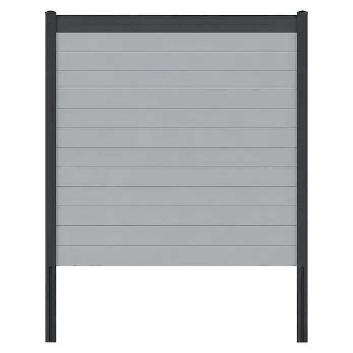 Deutsche Zauntechnik Zaun-Set Vidual Snap - 12,45 x 1,77 m, Fenstergrau - Graues Zaunelement mit horizontalen Lamellen und dunkelgrauem Rahmen.