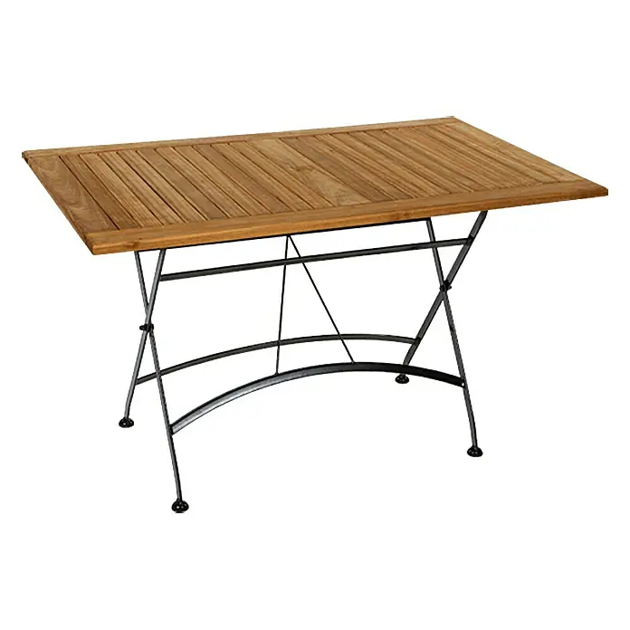 Sunfun Moni Gartenmöbel-Set I - 5 -tlg., Akazie/Stahl, Naturbraun/Schwarz - Ein rechteckiger Gartentisch aus Holz mit einem schwarzen Metallgestell. Der Tisch ist ideal für den Außenbereich.