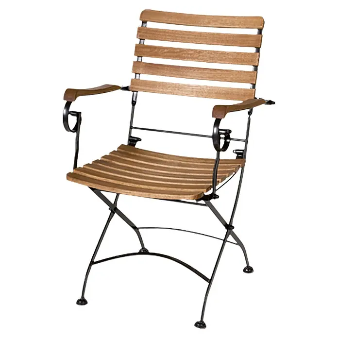 Sunfun Moni Balkonmöbel-Set I - 3 -tlg., Akazie/Stahl, Naturbraun/Schwarz - Ein stilvoller, klappbarer Holz-Gartenstuhl mit Armlehnen und schwarzem Metallgestell. Ideal für Terrasse und Balkon.