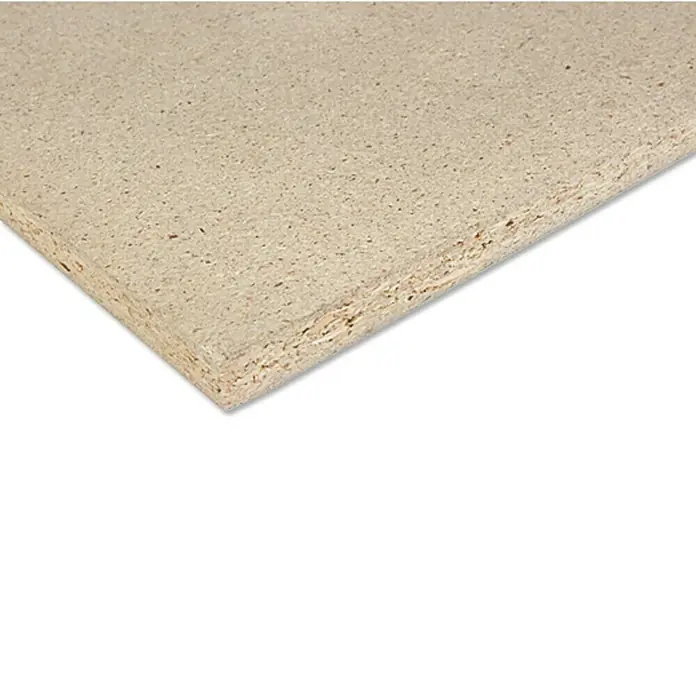 Rohspanplatte nach Maß I - Stärke: 12 mm, L x B: 280 x 207 cm - Nahaufnahme einer Spanplatte, die die Textur und die Kanten des Holzwerkstoffs zeigt. Ideal für Bau- und DIY-Projekte.