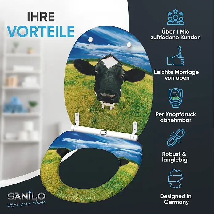 SANILO WC-Sitz Kuhkopf mit Schnellverschluss - MDF, Multicolor, Mit Absenkautomatik - Toilettensitz mit Kuh- und Landschaftsprint. Produktvorteile wie einfache Montage und deutsches Design sind gezeigt.