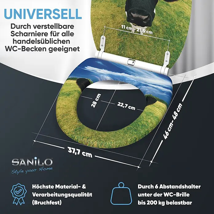 SANILO WC-Sitz Kuhkopf mit Schnellverschluss - MDF, Multicolor, Mit Absenkautomatik - Klobrille mit Naturmotiv, universell passend, verstellbare Scharniere, bruchfest, bis 200 kg belastbar.