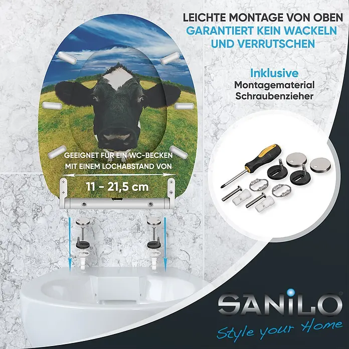 SANILO WC-Sitz Kuhkopf mit Schnellverschluss - MDF, Multicolor, Mit Absenkautomatik - Toilettensitz mit Kuhmotiv, der die Top-Down-Montage auf einer Toilette zeigt, inklusive verstellbarem Lochabstand (11-21,5 cm) und Zubehör.