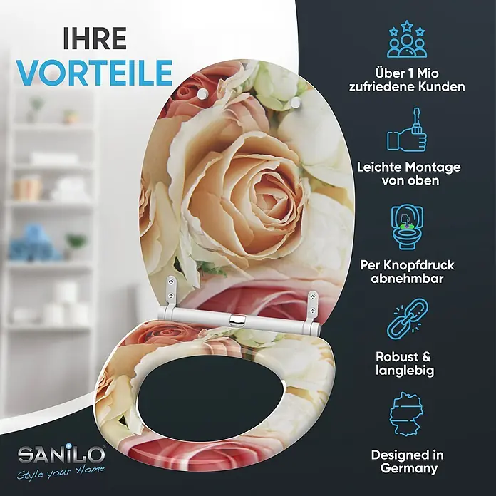 SANILO WC-Sitz Rosa Rose mit Schnellverschluss - MDF, Pink, Mit Absenkautomatik - Offener Toilettensitz mit hellbeigem und rosa Rosenmuster.