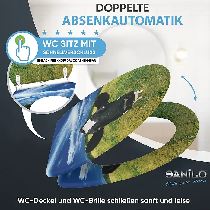 SANILO WC-Sitz Kuhkopf mit Schnellverschluss - MDF, Multicolor, Mit Absenkautomatik - WC-Sitz mit Kuh- und Grasdesign, Schnellverschluss-Knopf und doppelter Absenkautomatik für sanftes Schließen von Deckel und Brille.