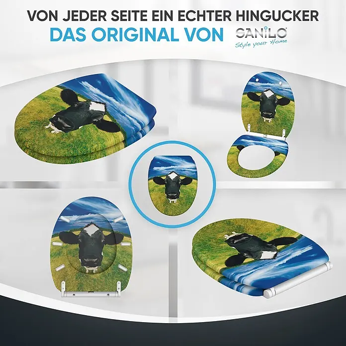 SANILO WC-Sitz Kuhkopf mit Schnellverschluss - MDF, Multicolor, Mit Absenkautomatik - WC-Sitz mit schwarzer Kuh auf grüner Wiese und blauem Himmel.