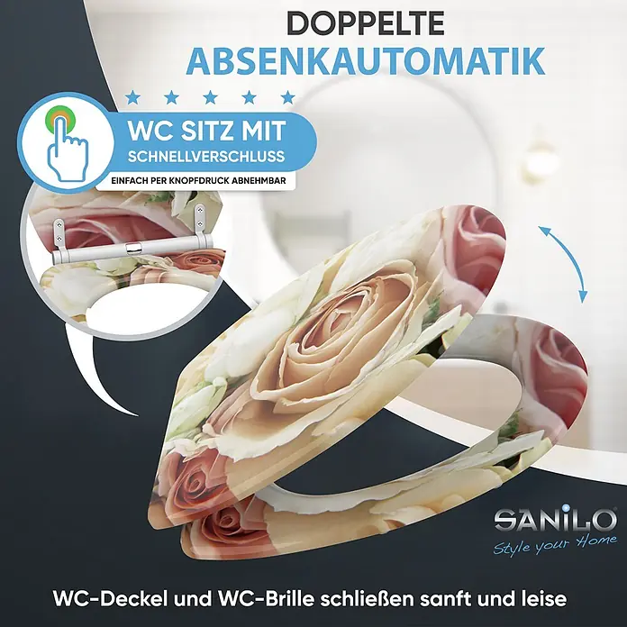 SANILO WC-Sitz Rosa Rose mit Schnellverschluss - MDF, Pink, Mit Absenkautomatik - Rosengemusterter WC-Sitz mit Schnellverschluss und doppelter Absenkautomatik für sanftes und leises Schließen.