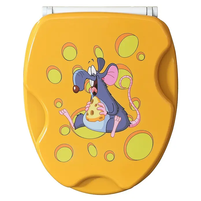SANILO WC-Sitz Cheesy mit Schnellverschluss - MDF, Gelb, Mit Absenkautomatik - Gelber Toilettentrainingssitz aus Kunststoff mit einer Cartoon-Maus, die Käse frisst.