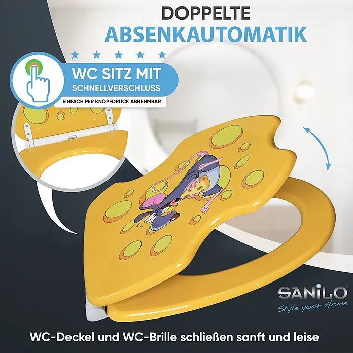 SANILO WC-Sitz Cheesy mit Schnellverschluss - MDF, Gelb, Mit Absenkautomatik - Gelber WC-Sitz mit Cartoon-Maus-Design, doppelter Absenkautomatik und Schnellverschluss zur einfachen Abnahme.