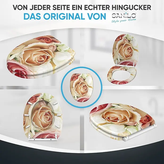 SANILO WC-Sitz Rosa Rose mit Schnellverschluss - MDF, Pink, Mit Absenkautomatik - Toilettensitz mit lebhaftem floralem Muster aus beigefarbenen und rosa Rosen, aus mehreren Blickwinkeln dargestellt.