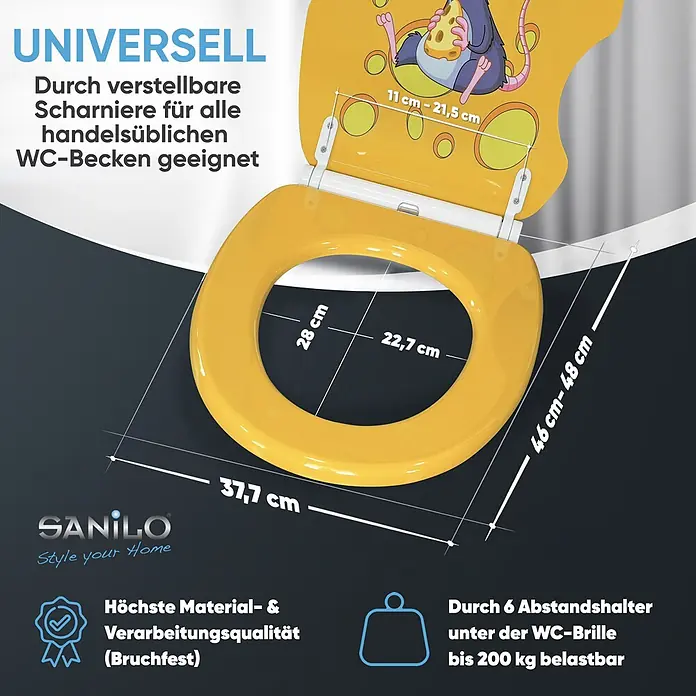 SANILO WC-Sitz Cheesy mit Schnellverschluss - MDF, Gelb, Mit Absenkautomatik - Gelber WC-Sitz mit Maus-Motiv, Maßen und verstellbaren Scharnieren.
