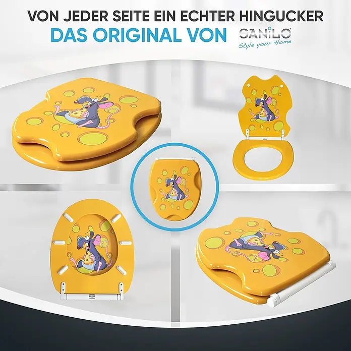 SANILO WC-Sitz Cheesy mit Schnellverschluss - MDF, Gelb, Mit Absenkautomatik - Gelber Toilettensitz mit Cartoon-Maus- und Käse-Design, in verschiedenen Ansichten gezeigt.